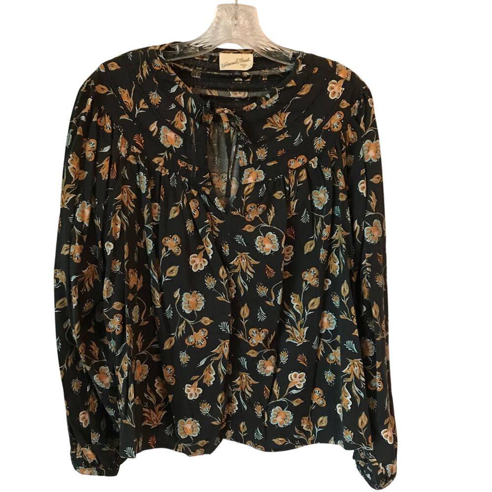 Universal Thread Blouse Large Womens Peasant Floral Gray Orange Aqua Long Sleeve